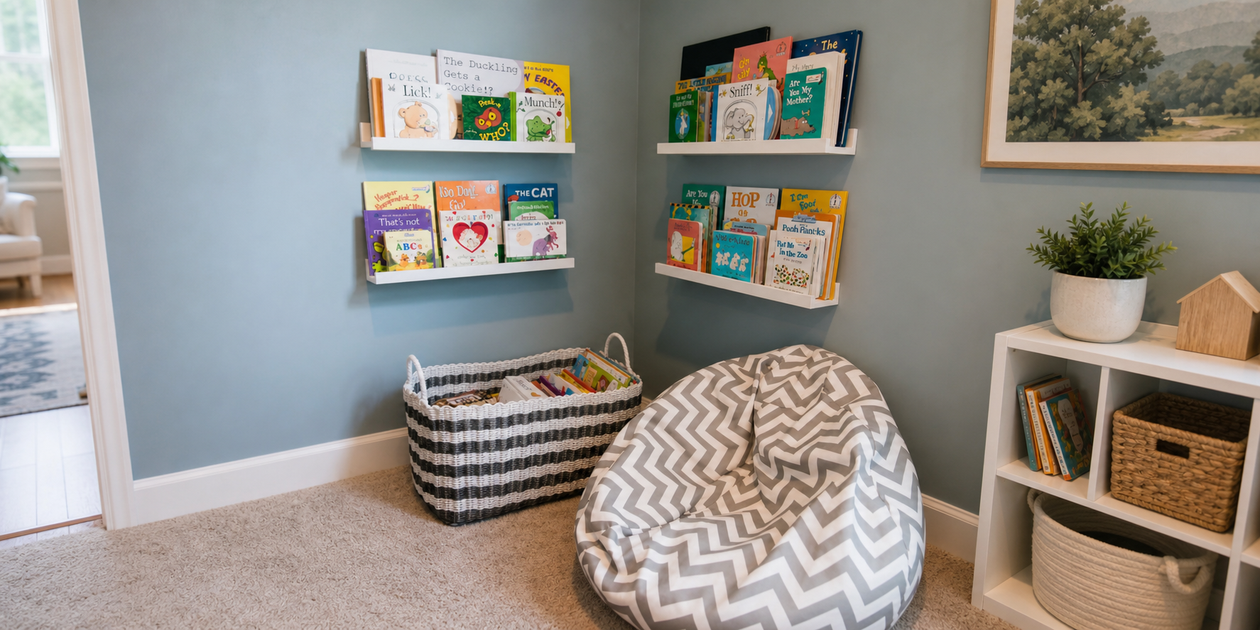 A comfortable reading corner with books and a soft chair