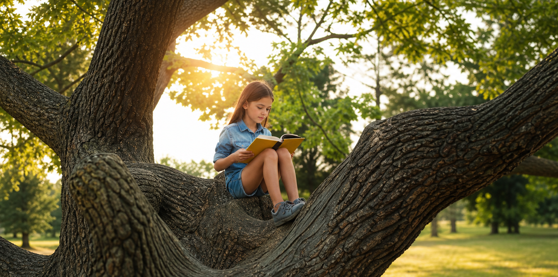 A student reading a book outdoors in a tree